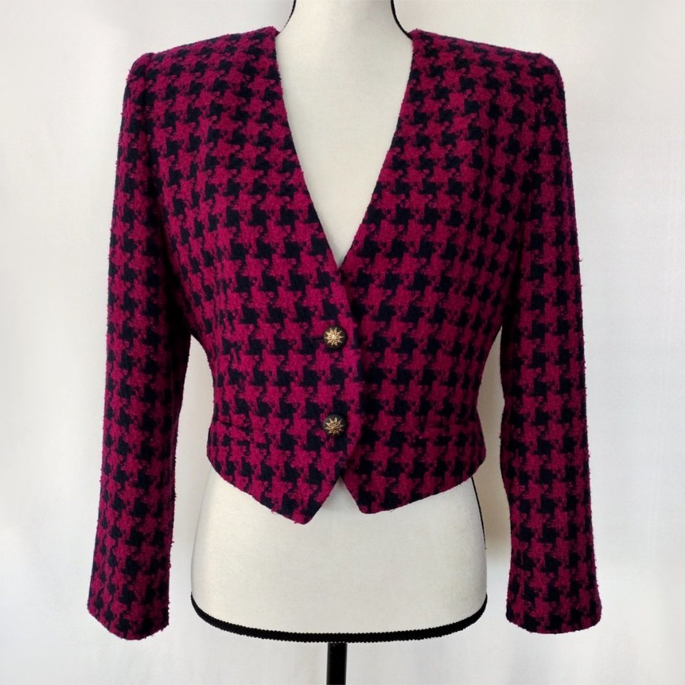 Vintage 90s Purple Houndstooth Tweed Cropped Wool Blend Jacket